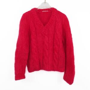 1970s Florenza Vintage Sweater Pink Red Wool Knit V-Neck Sweater Medium